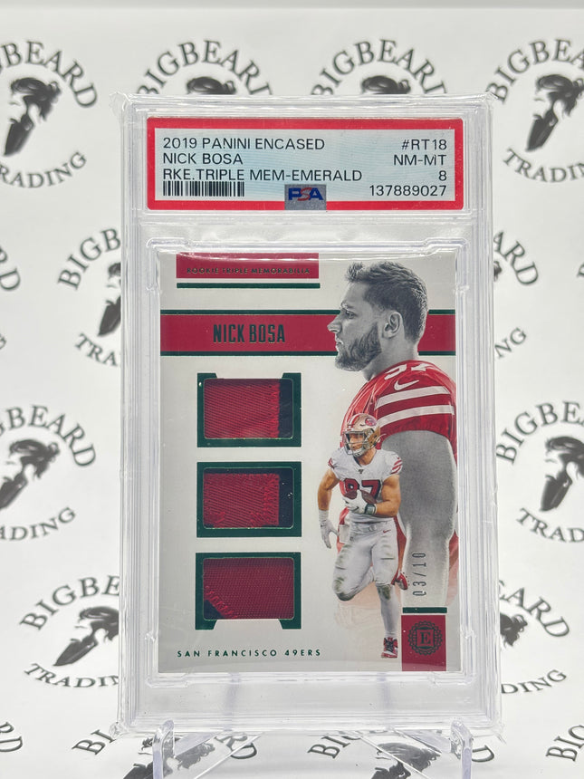 2019 Encased Nick Bosa Triple Mem Emerald /10 PSA 8
