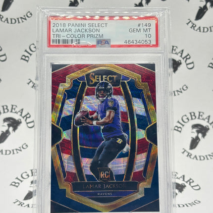 2018 Panini Select Lamar Jackson Tri-Color Prizm 157/199 PSA 10