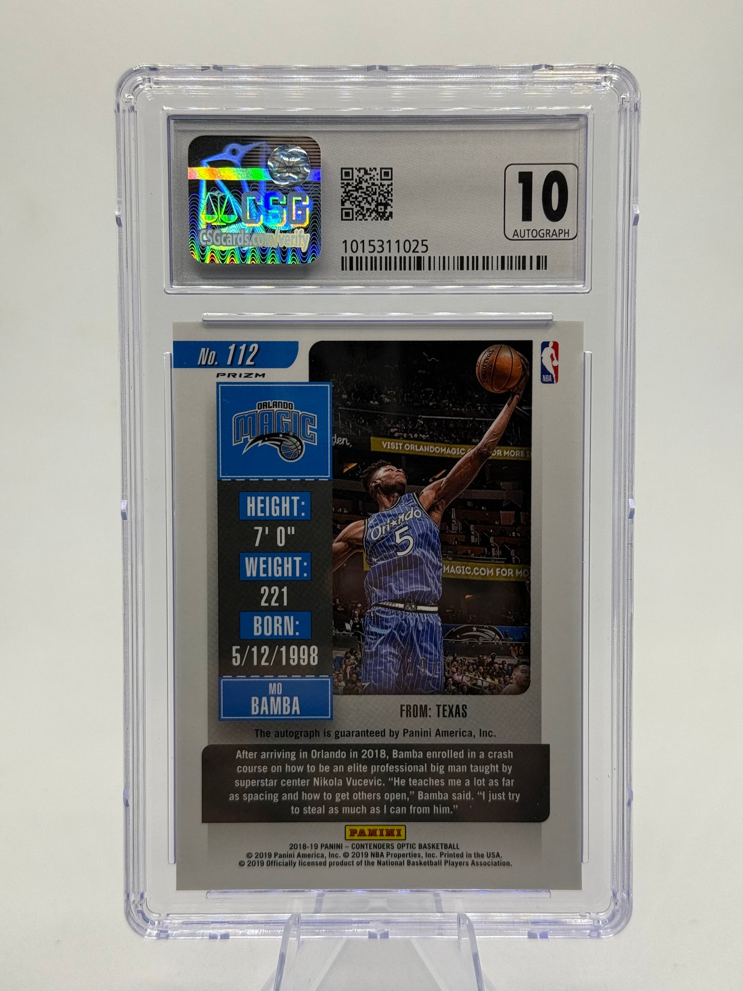 2018-19 Contenders Optic Mo Bamba No.112	19/99 Red Rookie Ticket Auto/Image Variation	CSG 9.5	RC